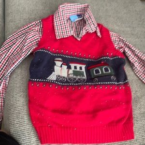 GOOD LAD az 5 Christmas holiday choo choo train plaid sweater vest shirt set red